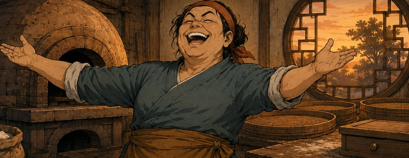 Yan spreads her arms in exhausted triumph over empty trays.
