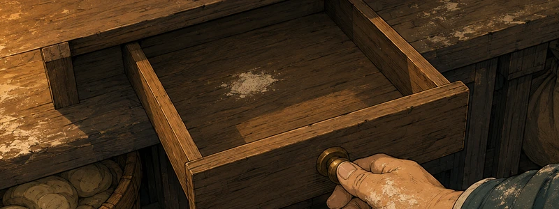 Yan opens the wooden cash drawer. It is empty.