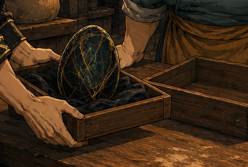 The intact black Egg sits beside the empty drawer, its gold lines quiet.
