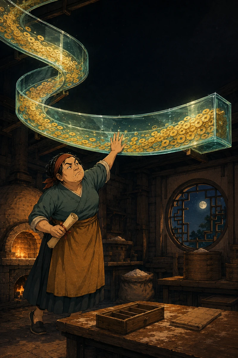 Her banquet earnings gleam behind glass overhead. Her hand cannot reach them. Bills begin to arrive.