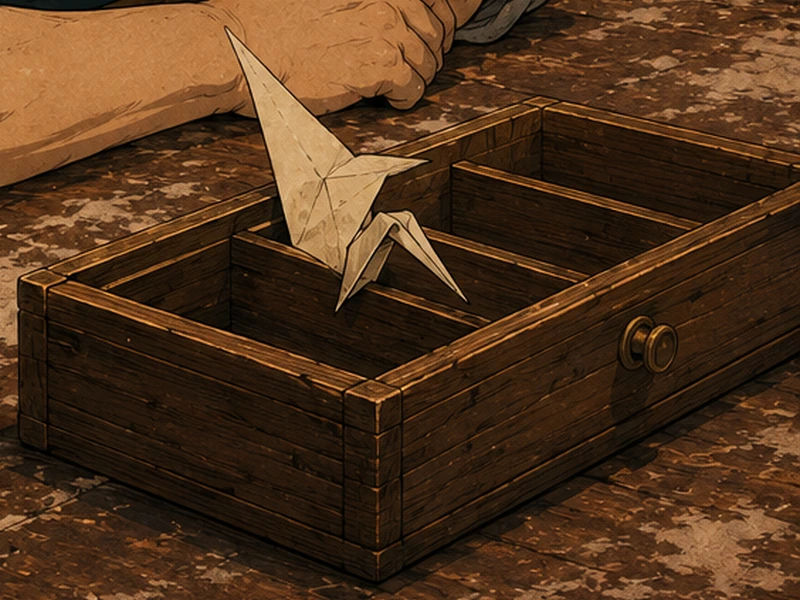 A folded invoice crane taps its beak inside the empty cash drawer.