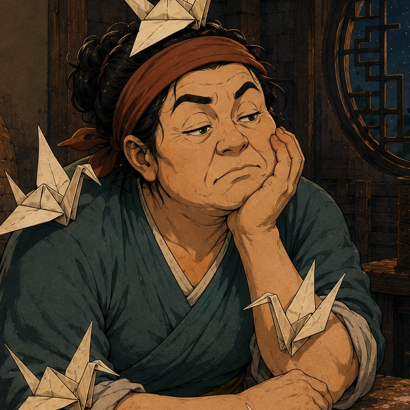 Paper cranes perch on Yan's head and arms while she props up her face.
