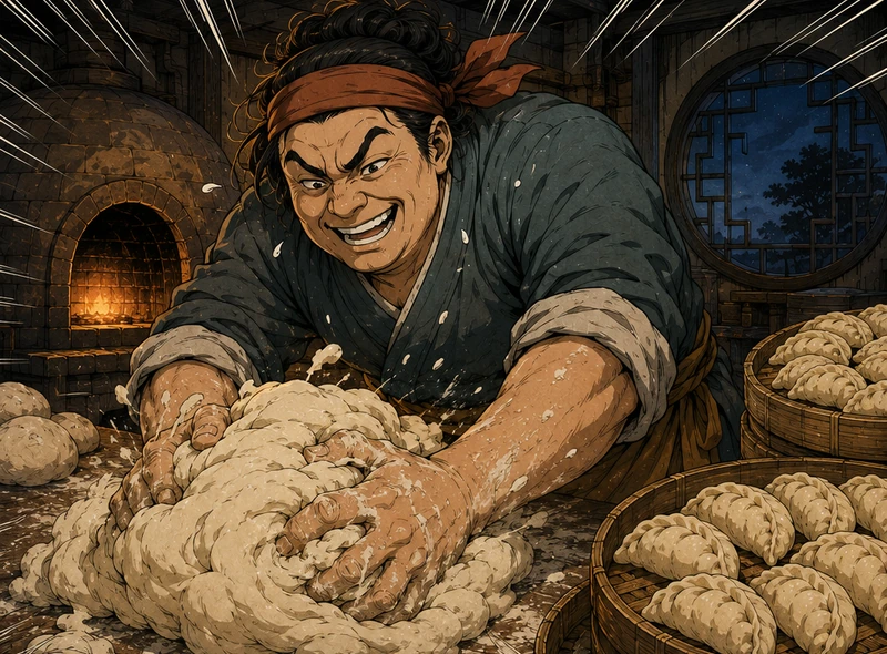 Yan attacks a mountain of dough with desperate renewed energy.
