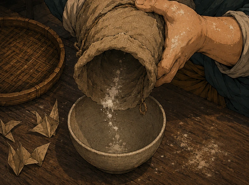 She tips an empty flour sack. A pathetic last puff falls into the bowl.
