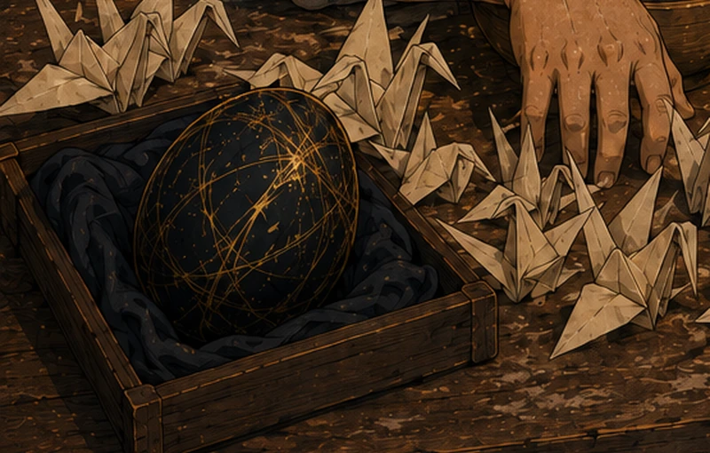 The Egg sits among a crowd of paper cranes. Its grand aura has disappeared.
