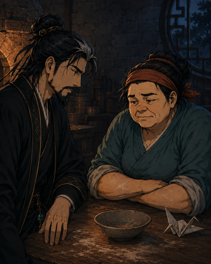 The Master sits at Yan's level and listens. She looks down at her own hands.