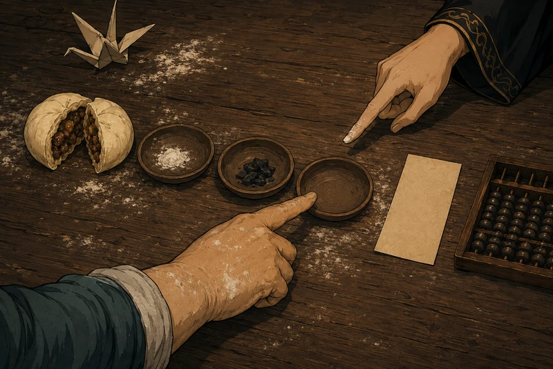 Flour, charcoal and an empty saucer sit beside a bun. Their fingers pause over the empty place.