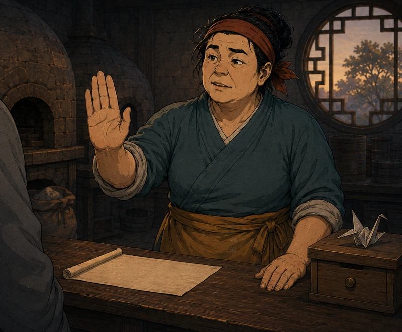 Yan stands straight and raises an open palm to the grey-sleeved customer at the edge of the frame.