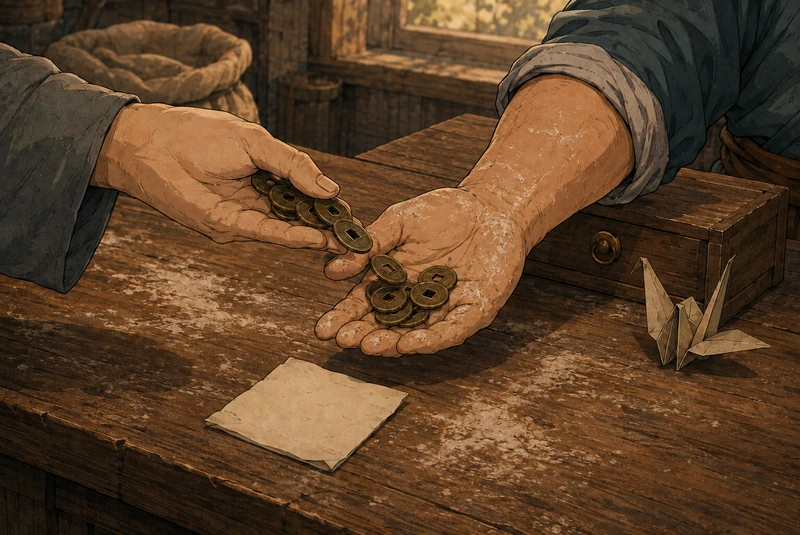 Coins pass directly from the customer's grey sleeve into Yan's flour-dusted palm.