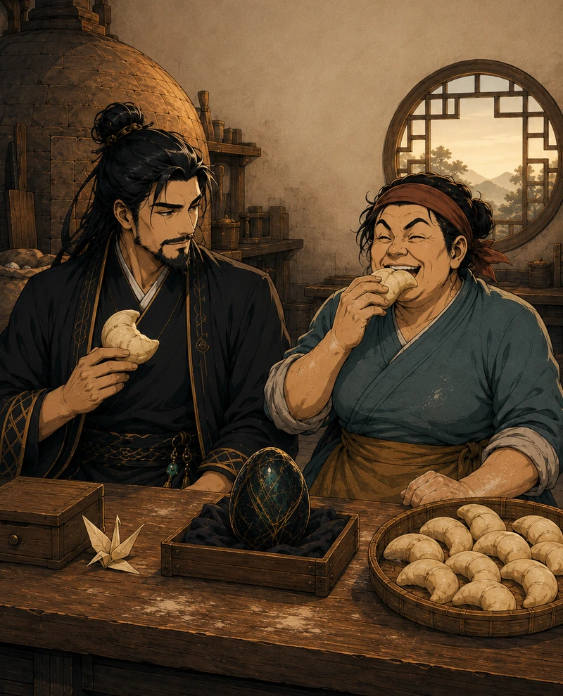 Morning light warms the bakery. Yan finally eats a bun. The Master and Egg keep her company.