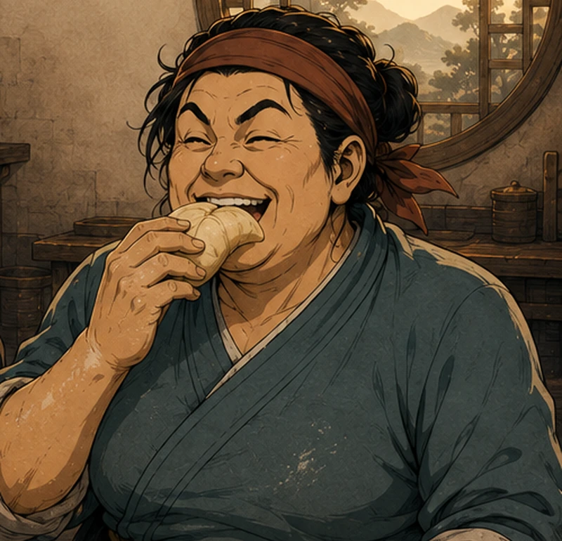Yan's eyes close around an honest smile as she takes a bite.