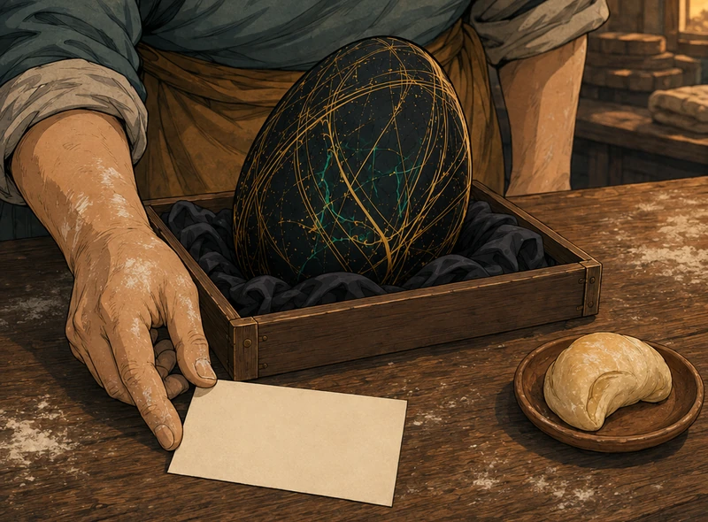 Yan slides a blank bill toward the Egg. A crescent bun waits on a dish.