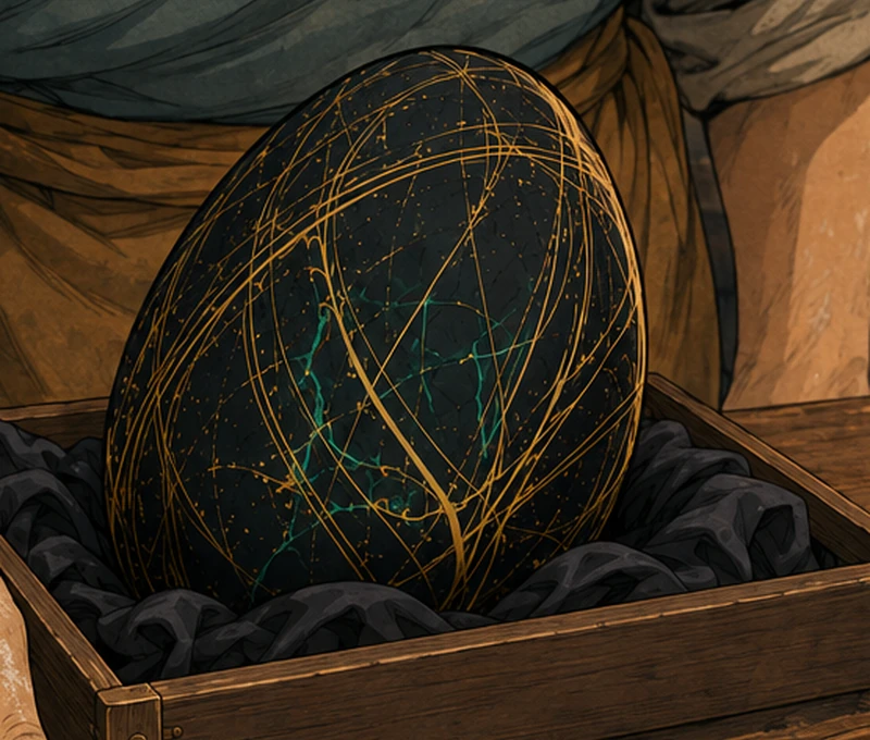 Close on the stubbornly handless Egg in its cloth-lined tray.