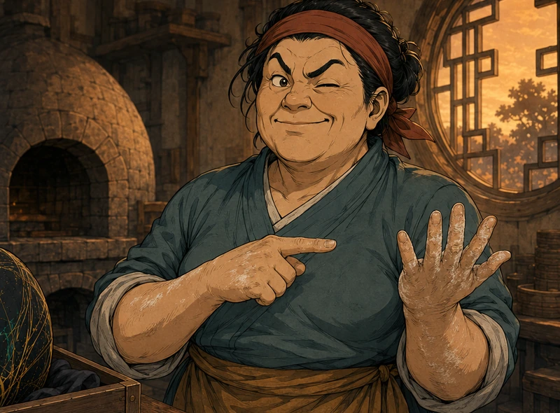 Yan raises an eyebrow and points at her own flour-covered hands.