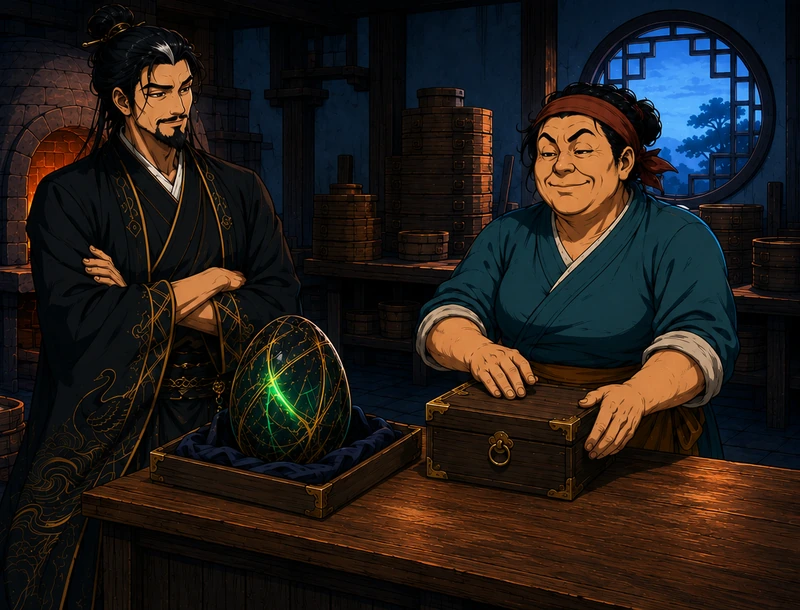 Yan closes the cash box, smiling toward the Master. The Egg waits on the counter.