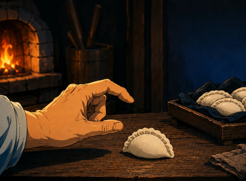 A grey-sleeved hand makes a tiny pinching gesture beside a sample crescent bun.