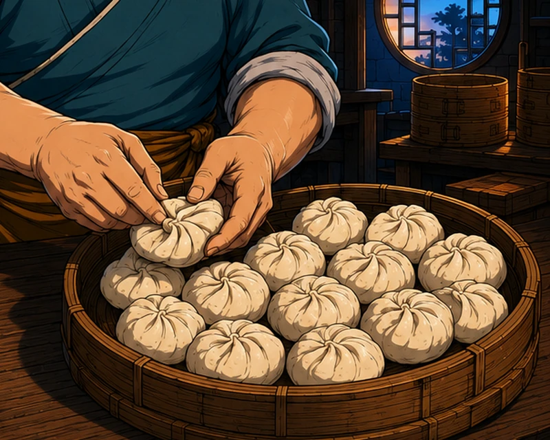 Flour-dusted fingers pinch intricate folds into a tray of little flower-shaped buns.
