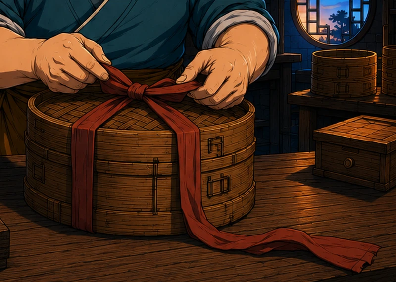 Yan ties another long red ribbon around a bamboo basket.