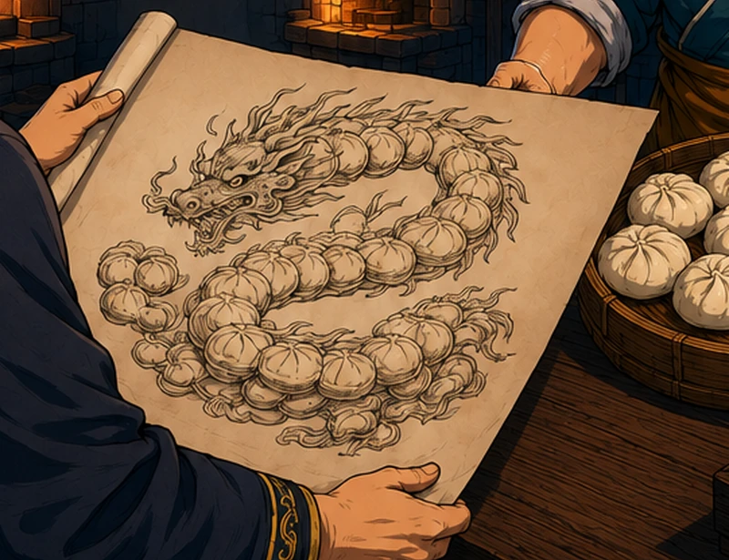 The Master holds a drawing of an elaborate dragon assembled from buns.