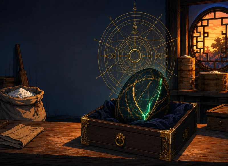 The Egg sits in its tray, a faint grand diagram hovering above its intact shell.