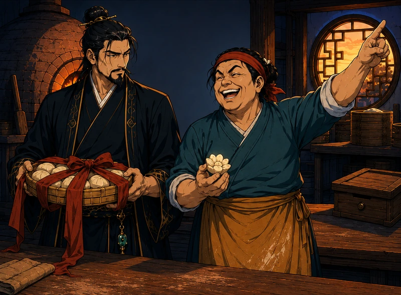 Yan flings out an arm in expansive confidence. The Master holds a ribbon-bound basket.