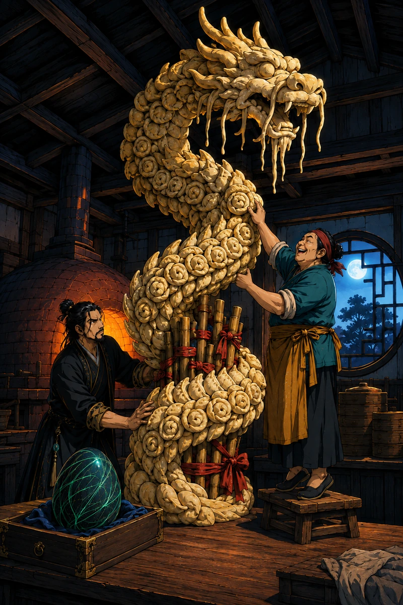 An immense ornamental dough dragon towers into the bakery rafters. Yan stands on a stool, reaching up. The Master braces its bamboo supports.