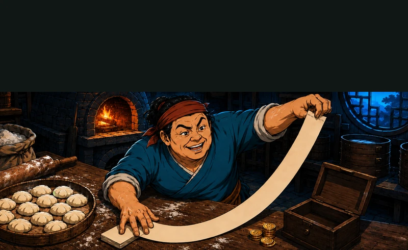 Yan unrolls a sheet that stretches absurdly far across the counter.