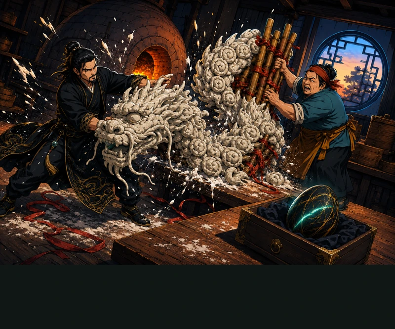 The dough dragon pitches sideways. The Master catches its head while Yan grabs at the collapsing body. Flour and ribbons fly.