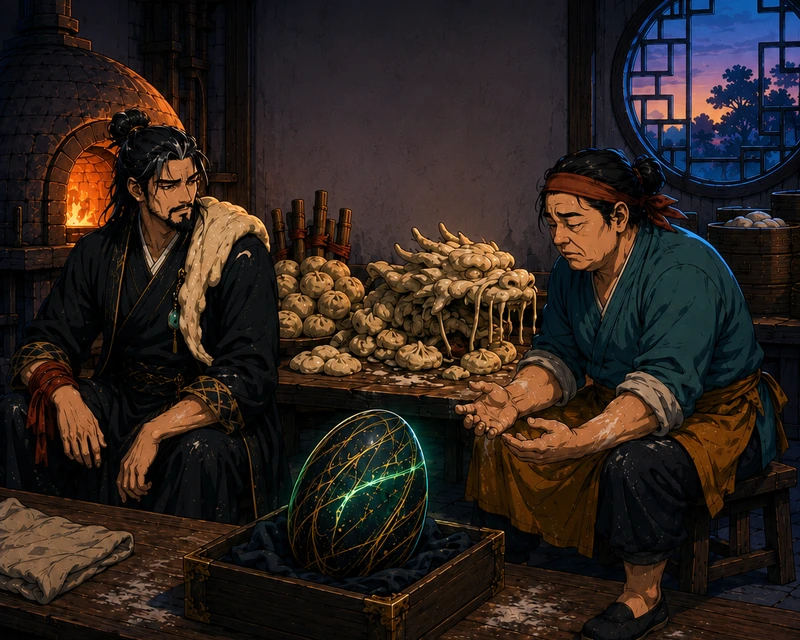 Yan sits with her empty hands open. The Master has dough on his shoulder. The collapsed dragon rests behind them.