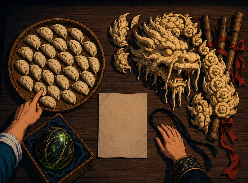 A tray of ordinary crescent buns and the elaborate broken dragon lie beside the same blank order slip.