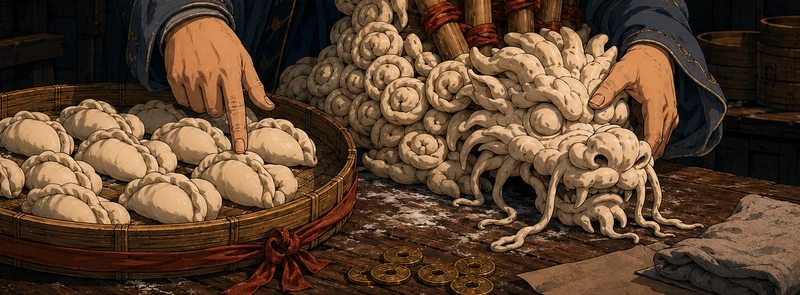 The Master points to the edible buns beside the extravagant broken head and a small scatter of coins.
