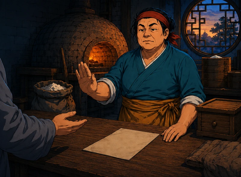 Yan raises an open palm to the grey-sleeved customer and faces the conversation directly.