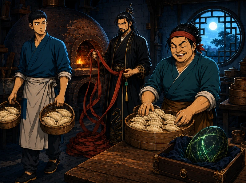 Yan packs crescent buns. A tall young adult in an indigo shirt carries baskets. The Master unwinds the spare ribbon.