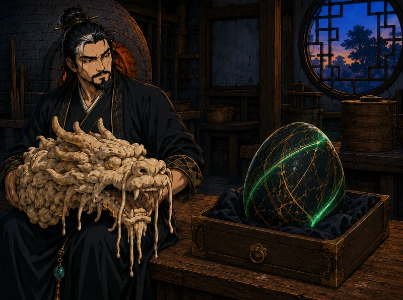 The Master sits with the huge dough dragon head in his lap. The Egg keeps him company.