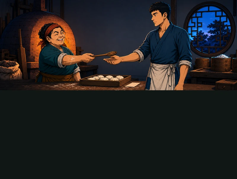 Yan and Bo exchange a wooden spoon across the counter in the cool evening light.