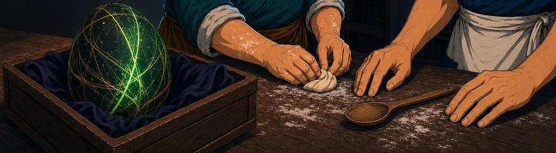 Yan pinches a crescent bun beside Bo's hands. The Egg sits on the counter.