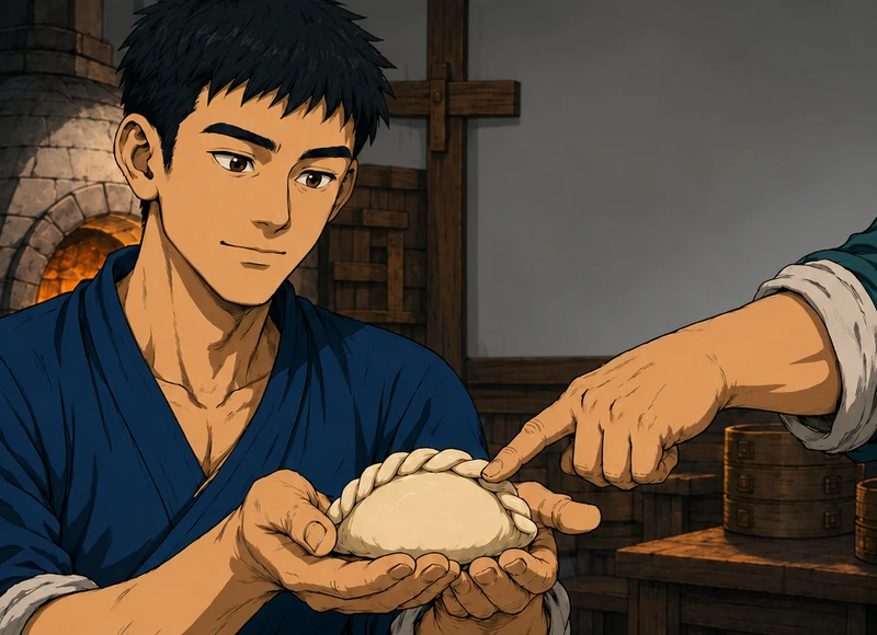 Bo holds up a neatly sealed bun. Yan's finger arrives to inspect it.