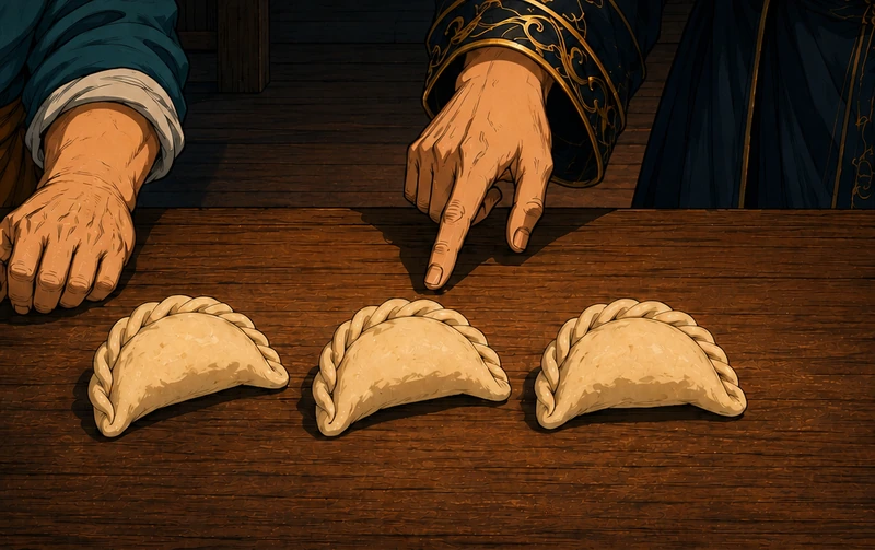 Three almost identical crescent buns sit on the counter. The Master points uncertainly.