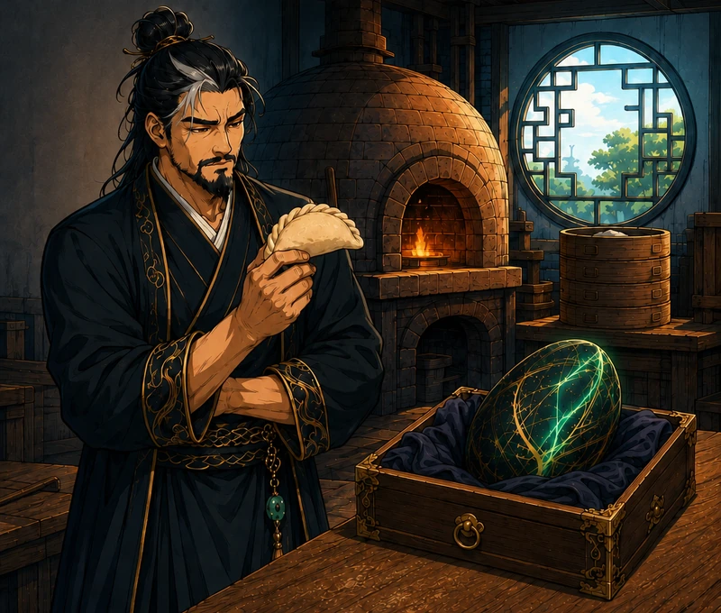 The Master studies a bun as if it were a complex magical artifact. The Egg waits beside him.