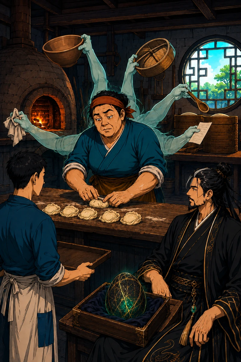 Yan works furiously, jade afterimages of her arms juggling every job. Bo stands idle holding an empty tray.