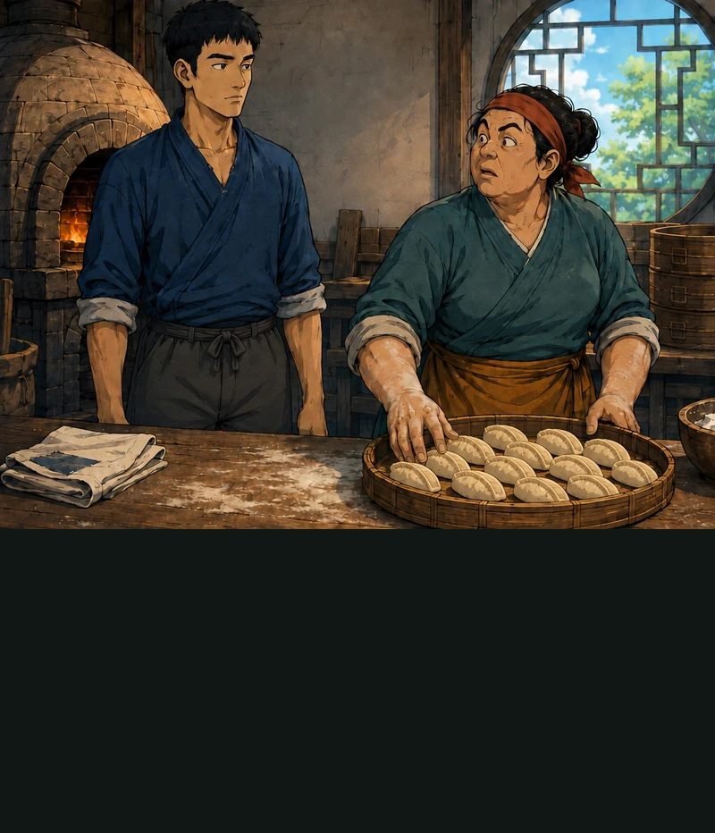 Bo stands in his indigo shirt and charcoal trousers. His folded apron lies on the counter. Yan stops working.