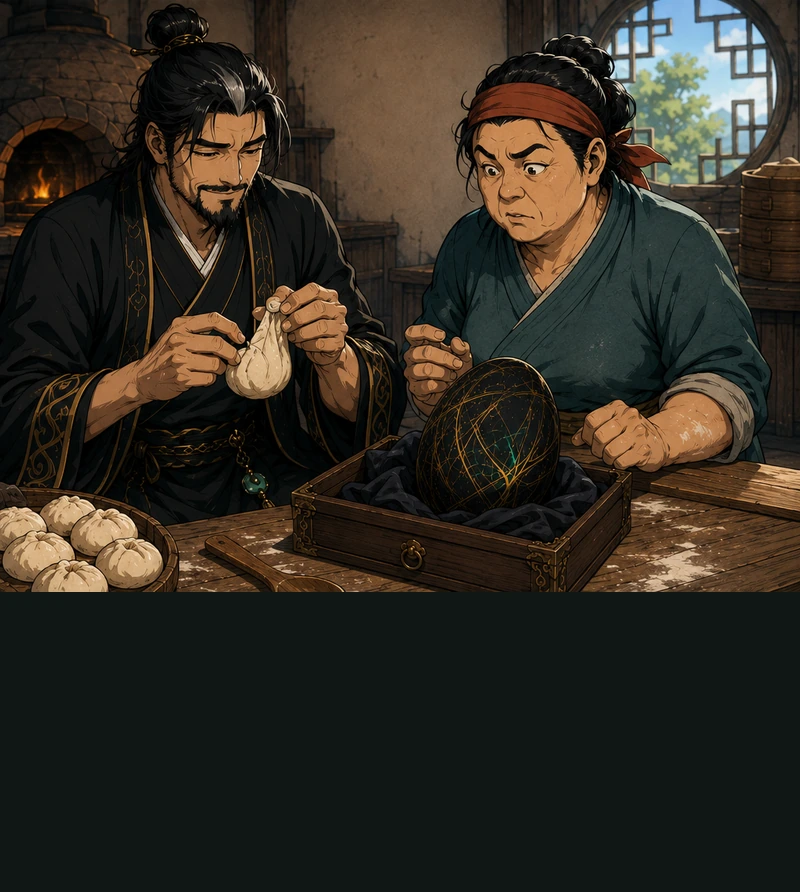 The Master holds up his own limp, lopsided dough creation. Yan watches.