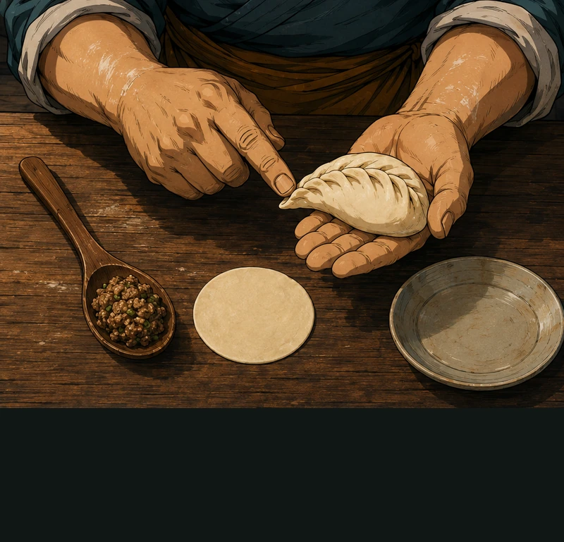 Yan points to the closed edge of a sample crescent. A wooden spoon, filling and wrapper sit beside it.