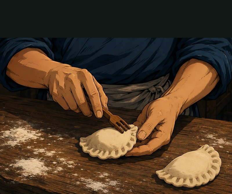Bo presses the edge of his bun closed with a wooden fork.