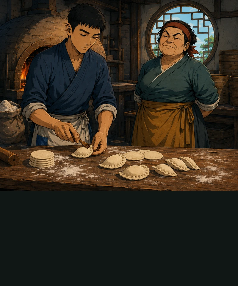 Bo makes the next bun. Yan stands with her hands locked behind her back.