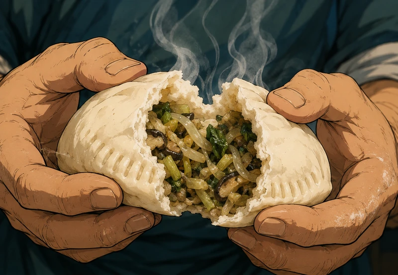 Yan breaks open the cooked bun. The filling stayed inside the fork-sealed edge.