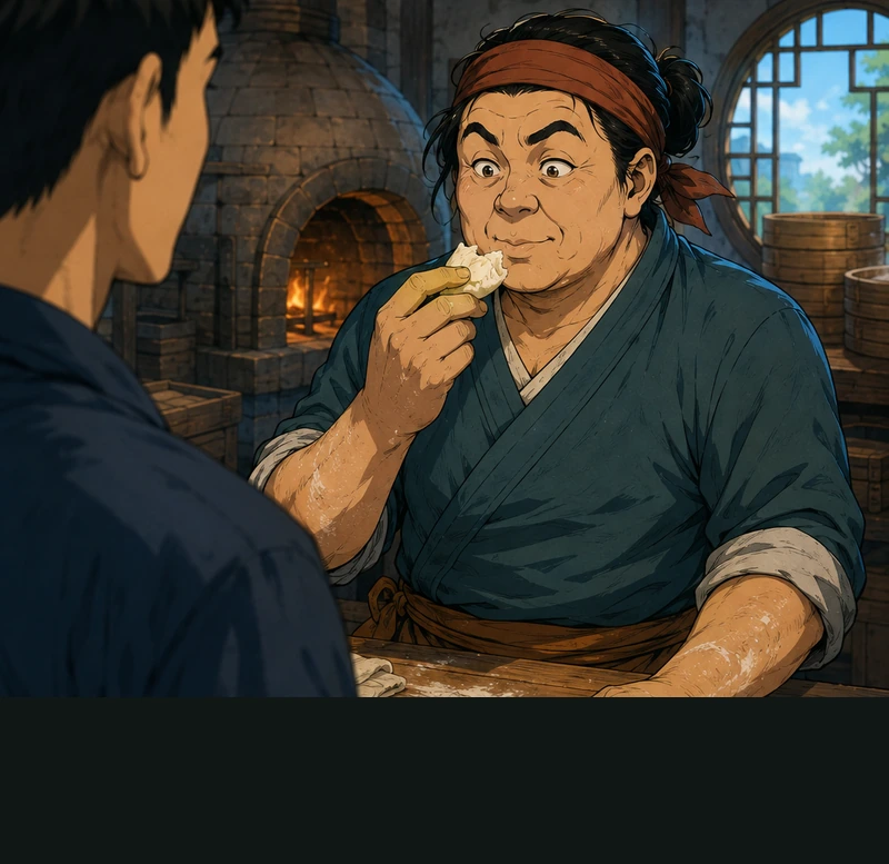 Yan tastes the bun while Bo waits.