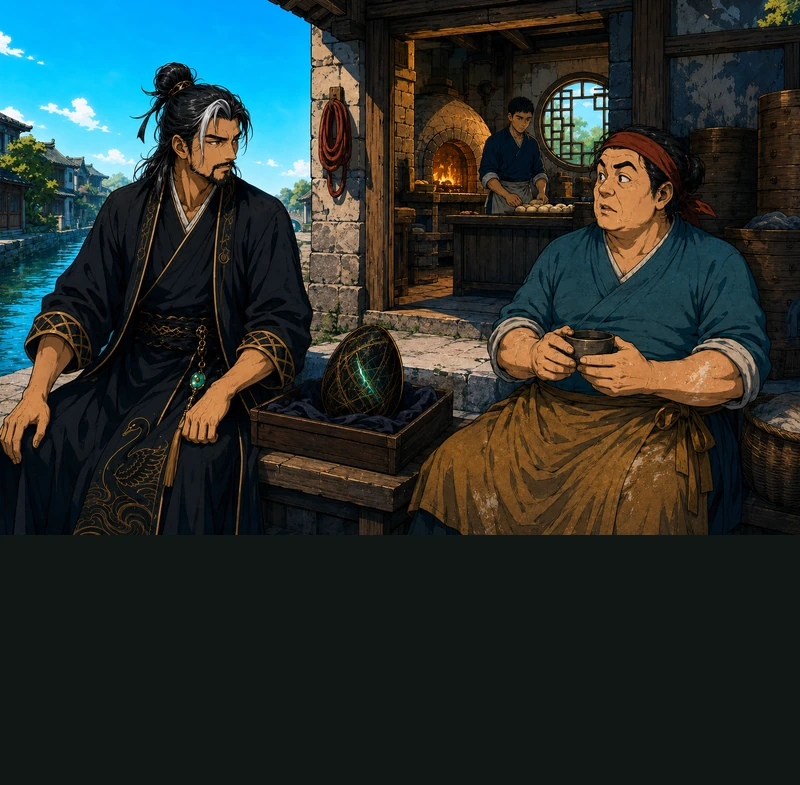 Outside beside the canal, Yan holds a cup of tea. The Master and the intact Egg sit beside her. Bo works inside the bakery doorway.