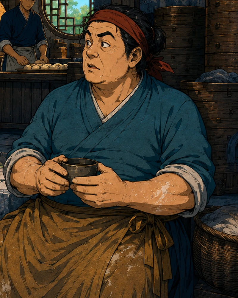 Close on Yan holding her tea and glancing back toward the bakery.