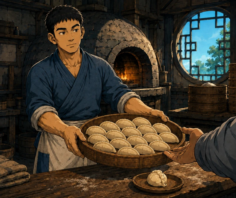 Bo independently passes a basket of finished crescent buns to the customer's grey-sleeved hands.